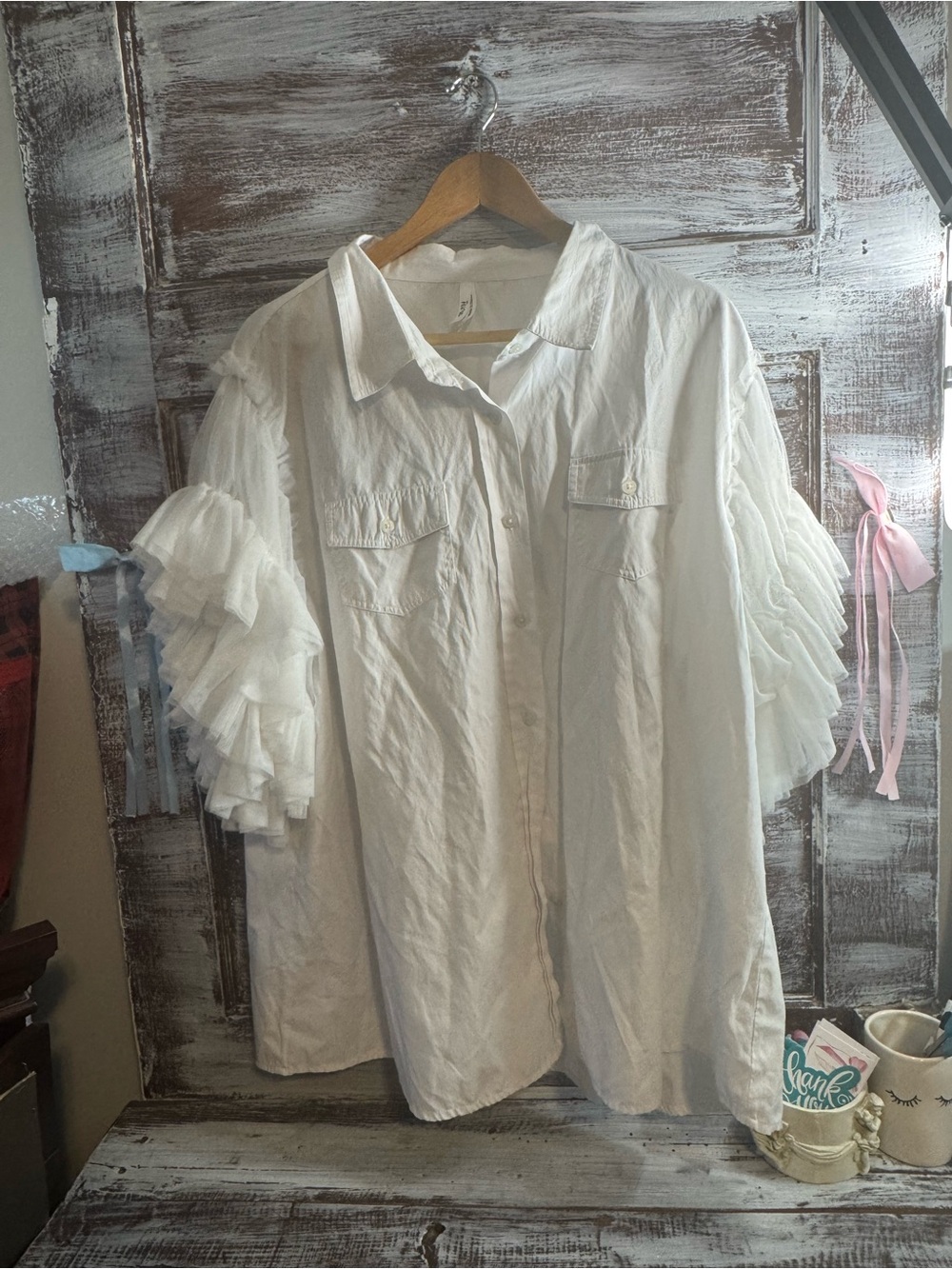 Truth White Button-Front Shirt with Tiered Ruffle Sleeves